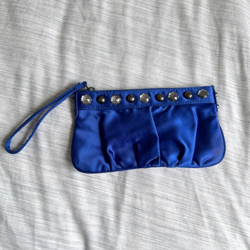 Express Royal Blue Satin Wristlet Bag Women Small Studded Rhinestone Clutch